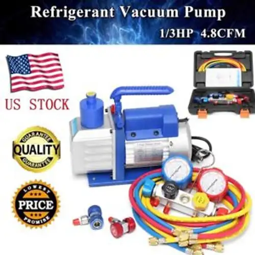 R410A R134A R22 4.8 CFM Vacuum Pump HVAC A/C Refrigerant W/4VALVE MANIFOLD GAUGE