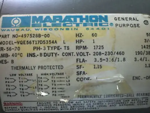 MARATHON ELECTRIC Blower Motor Model: VQE56T17D5354A-L Unit: 497528B-001hp 208-