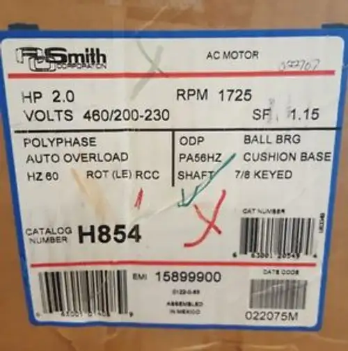 Century AO Smith H854 Motor 2 HP 1725 RPM 200-230-460v 7/8 keyed