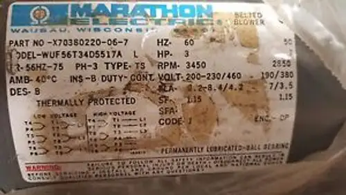 MARATHON MOTORPT# X70380220-06-73HP/PH-3/230/460V/3450RPM FR. 56HZ145T 7/8