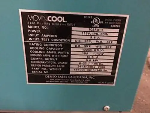 Movincool Spot Cooling Systems Air Conditioner 10Sfu-1 10000 Btu/H 115V 1Ph