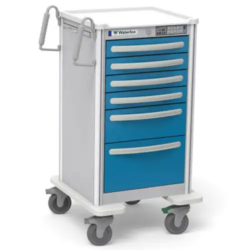 Waterloo Healthcare 6-Drawer Aluminum Junior Tall Nurse Server Cart Electronic Lock Electric Blue