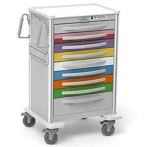 Waterloo Healthcare 9-Drawer Aluminum X-Tall Pediatric Emergency Cart Lever Lock Multi-Color