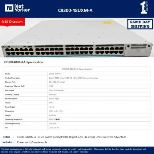 Cisco C9300-48Uxm-A 48-Port Upoe 網路交換機