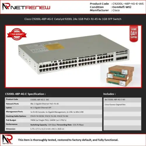 Cisco C9200L-48P-4G-E 9200L 48X 1Gb PoE+ RJ-45 4X 1Gb SFP 交換機