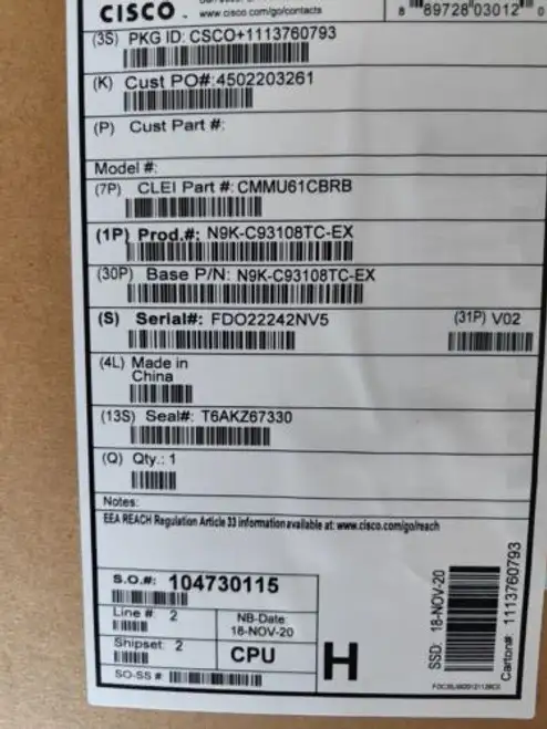 Cisco Nexus (N9Kc93108Tcex) 48 Port Rack N9K-C93108Tc-Ex