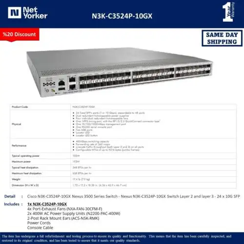 Cisco Nexus N3K-C3524P-10Gx 48 Ports Gigabit Switch W/Dual Power - Same Day
