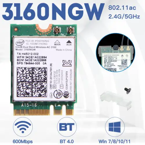 Intel 3160Ngw 433Mbps Ngff 802.11Ac Dual Band Bluetooth4.0 Wireless Network Card