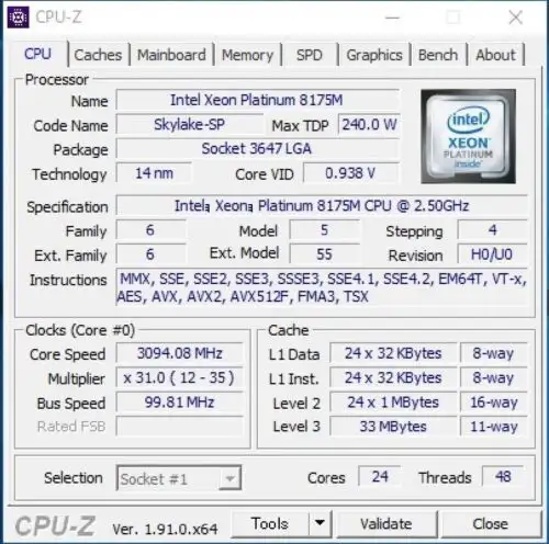 Intel Xeon Platinum 8175M Sr3Fu 24C 2.5Ghz 3.1/3.5Ghz 33Mb 240W Lga3647 Ddr4-266