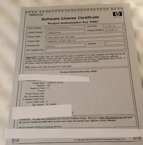Digitial Dec Hp Ql-Mt1Ae-63 Ovms Alpha Base Pws License Pak