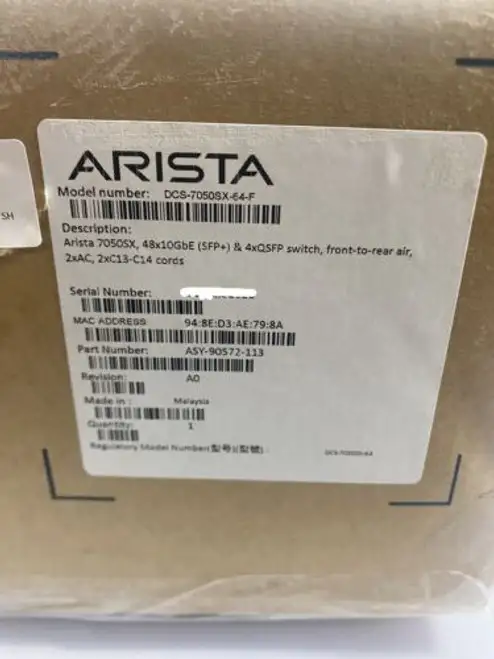Arista Dcs-7050Sx-64-F 48X10Gbe Sfp+ 4Xqsfp+ Front-To-Rearair 2X Pwr-500Ac-F Nob