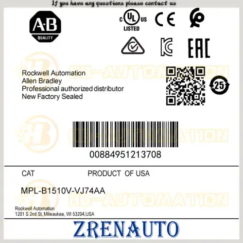Allen Bradley Mpl-B1510V-Vj74Aa Mp-Series Mpl 480V AC旋轉伺服馬達