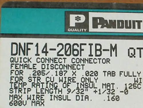 Panduit Dnf14-206Fib-M 16/14 Female Disconnect Nylon Barrel Insulated -Qty 1000
