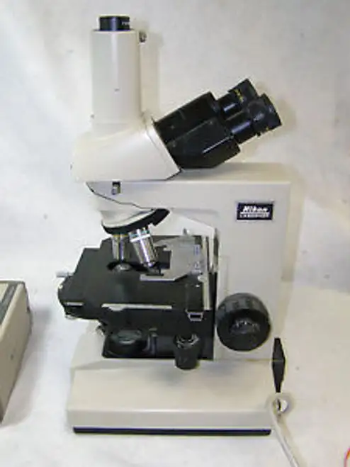Nikon Labophot Microscope W/ 2 Objectives + Panasonic Cctv Camera Wv-1410 Works