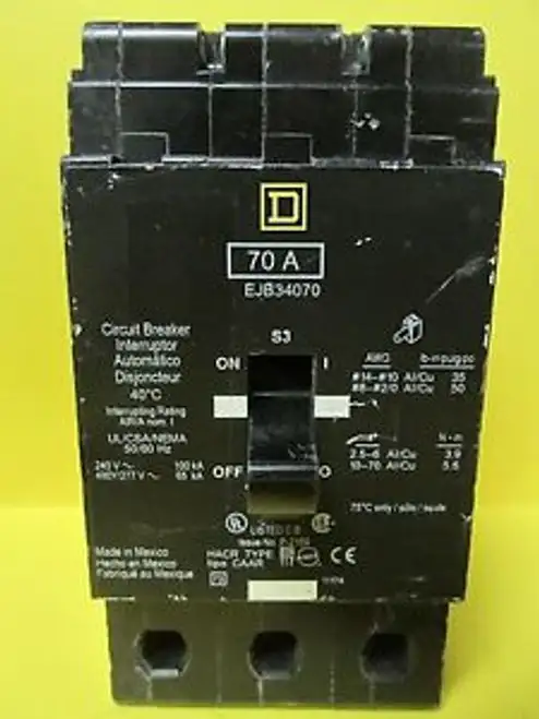 Square D 70 Amp 3 Pole Circuit Breaker Ejb34070 .......... Wi-125