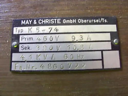 May & Christe Typ K5 74 P 4.1 Kva 60 Hz 460 Pri-380 Sec