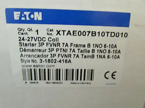 Eaton Cutler Hammer Xtaeoo7B1Otdo1O Overload Relay 24-27 Vdc Coil