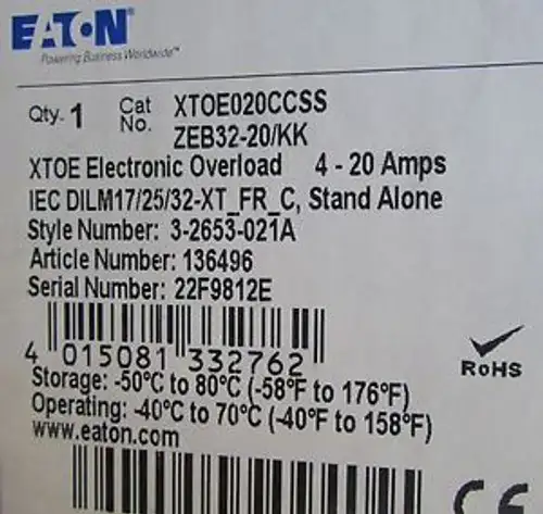 Eaton Iec Overload Relay Xtoe020Ccss Zeb32 20 Kk 40-20 Amps 3 2653 021A