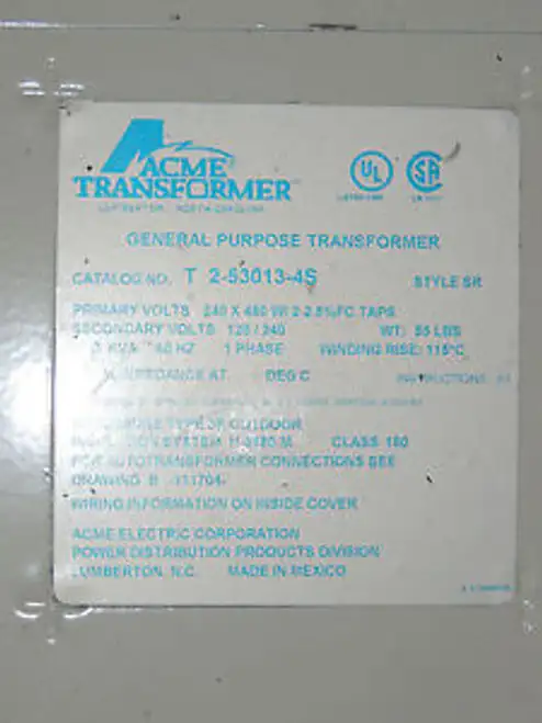 Acme T 2-53013-4S 3Kva 1Ph Pri:240X480V Sec:120/240V 2 2.5% Fc Taps transformateur