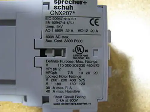 Contattore Sprecher & Schuh Cnx207 Nsn: 6110-01-535-9979 7192855-08