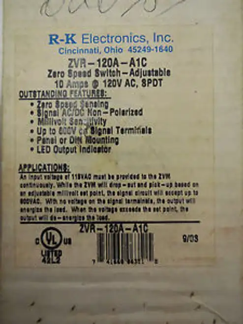 R-K Electronics Zvr-120A-A1C Zero Speed Switch Zvr-120A-A1C