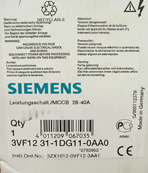 New SIEMENS 3 POLE 40 AMP MOTOR PROTECTION 3VF12 31-1DG11-0AA0 ...... VK-13