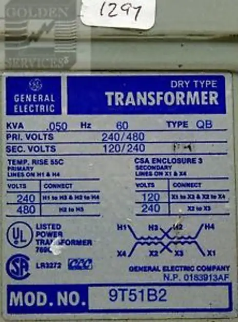GE 9T51B2 3R 0.05 kVA 240/480:120/240 1 PH หม้อแปลง