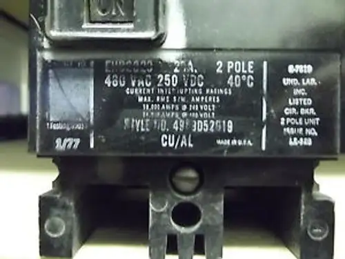 Ehb2020 20A 480V Westinghouse Circuit Breaker - Type 4989D52G19