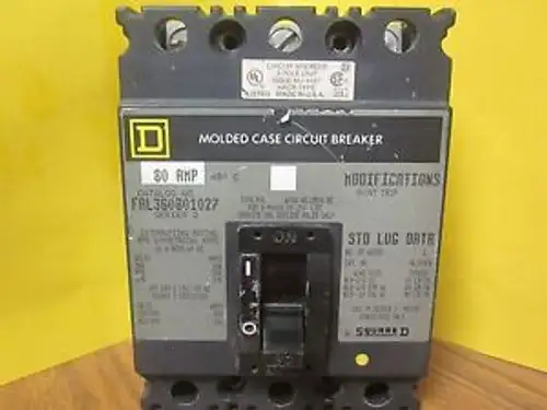 Square D 80 Amp 3 Pole Fal360801027 Circuit Breaker W/Shunt Trip .....Wa-44