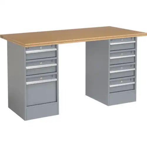96"W X 30"D Pedestal Workbench 7 Drawers Shop Top Square Edge Gray