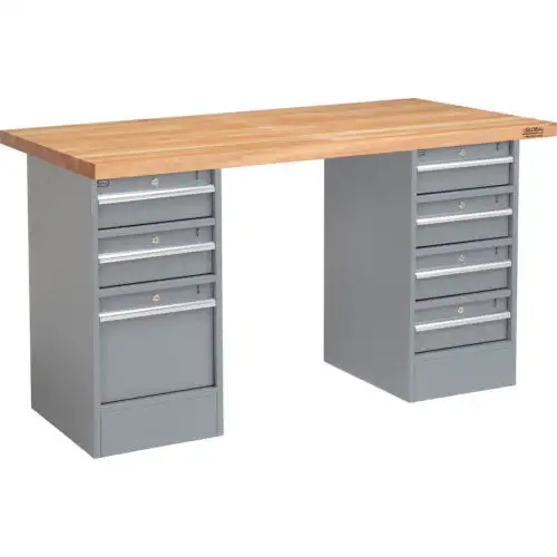 Pedestal Workbench W/ 7 Drawers Maple Butcher Block Square Edge 72"W X 30"D Gray