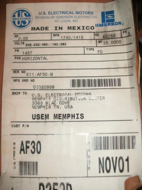 Emerson/Us Af30 D2E2D Electric Motor 2Hp 1740/1415 Rpm 208/230/460/190/380V